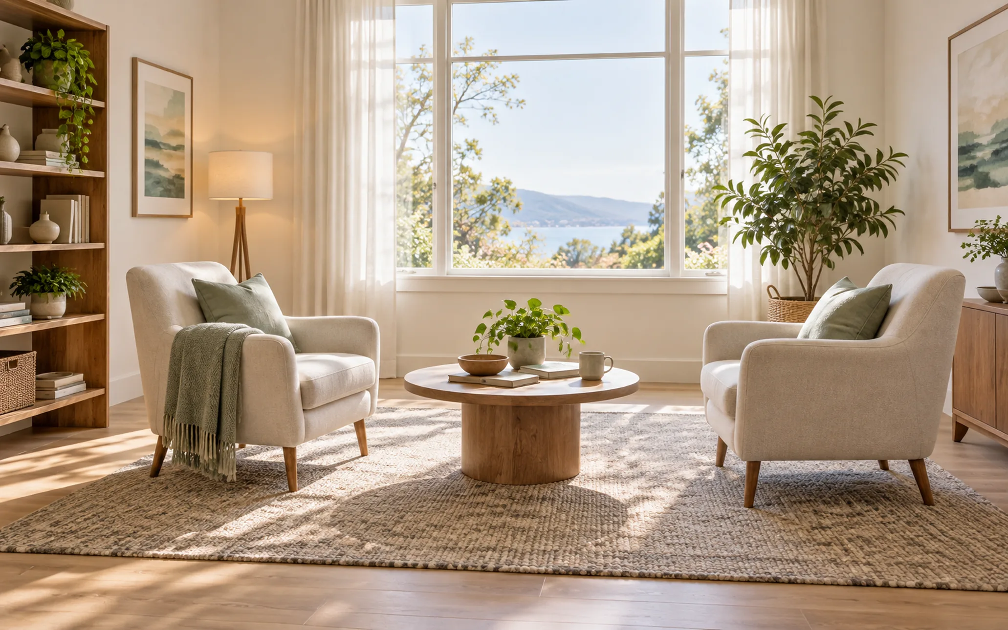 Aile danışmanlığı görüşmelerine hazırlanmış, karşılıklı iki koltuklu aydınlık danışma odası