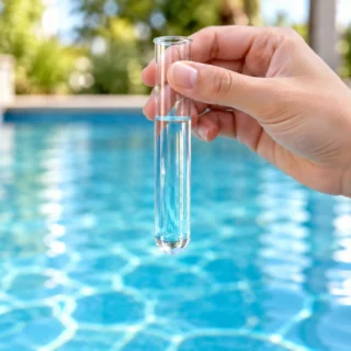 Havuz kenarında pH ve klor ölçümü için alınmış su numunesi dolu test tüpü