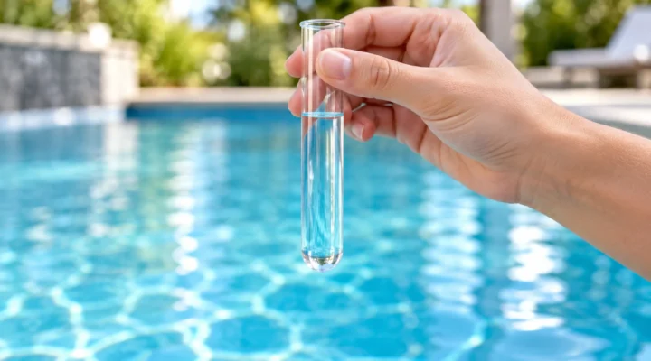 Havuz kenarında pH ve klor ölçümü için alınmış su numunesi dolu test tüpü
