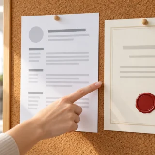 Panoya iğnelenmiş CV sayfası ile sertifikayı parmağıyla karşılaştıran bir el