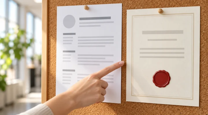 Panoya iğnelenmiş CV sayfası ile sertifikayı parmağıyla karşılaştıran bir el
