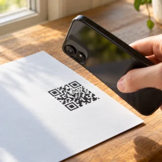 Pencere pervazındaki basılı bir sertifikanın köşesindeki kodu akıllı telefonla tarayarak doğrulayan el