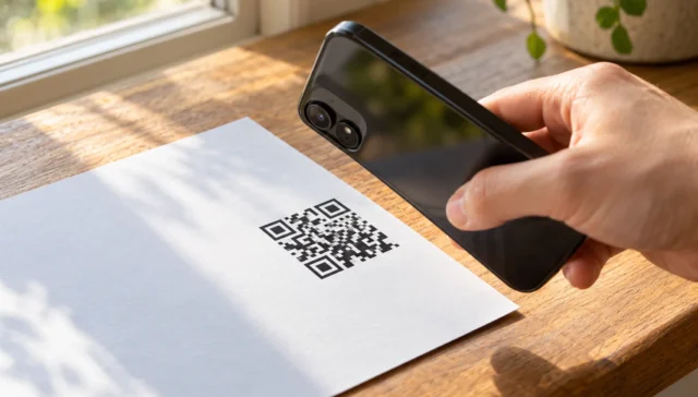 Pencere pervazındaki basılı bir sertifikanın köşesindeki kodu akıllı telefonla tarayarak doğrulayan el