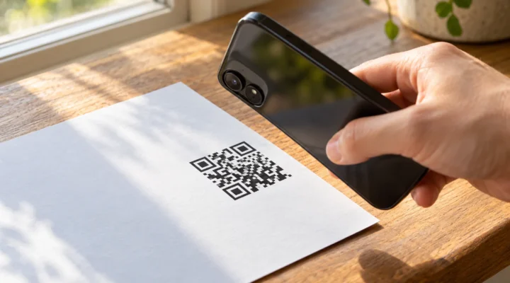 Pencere pervazındaki basılı bir sertifikanın köşesindeki kodu akıllı telefonla tarayarak doğrulayan el