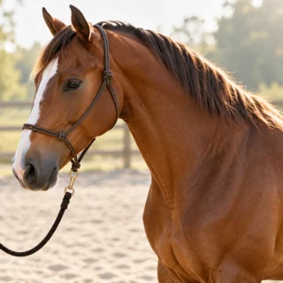 Manejde sakin duran bir atın yularını tutan el; hippoterapide at ve uzman desteğinin birlikte yer aldığını anlatıyor