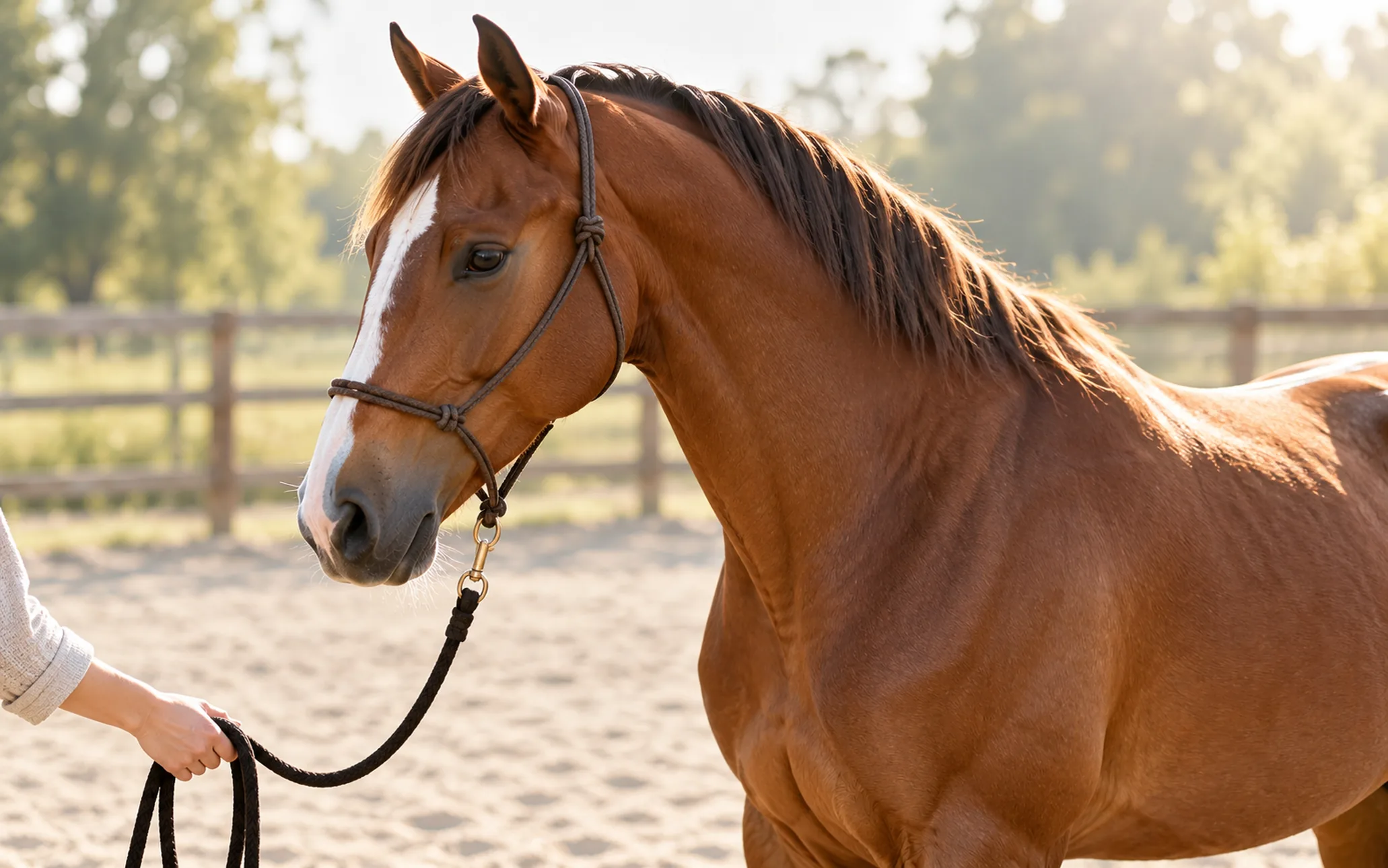 Manejde sakin duran bir atın yularını tutan el; hippoterapide at ve uzman desteğinin birlikte yer aldığını anlatıyor
